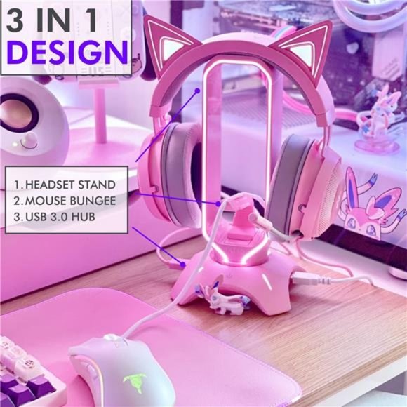 RGB Gaming Headset Stand - 3 in 1 Pink Headphone Stand with Mouse Bungee - Picture 2 of 6
